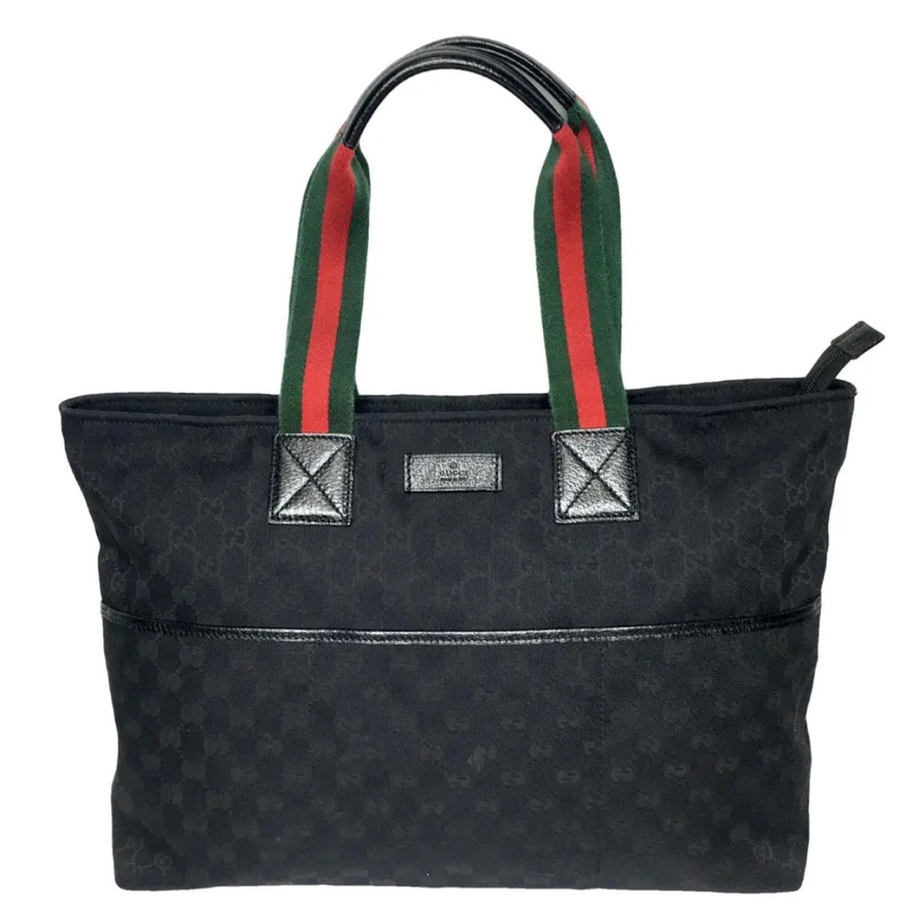 Gucci Black Tote with Signature Red and Green Stripe Handles - Picture 2 of 13
